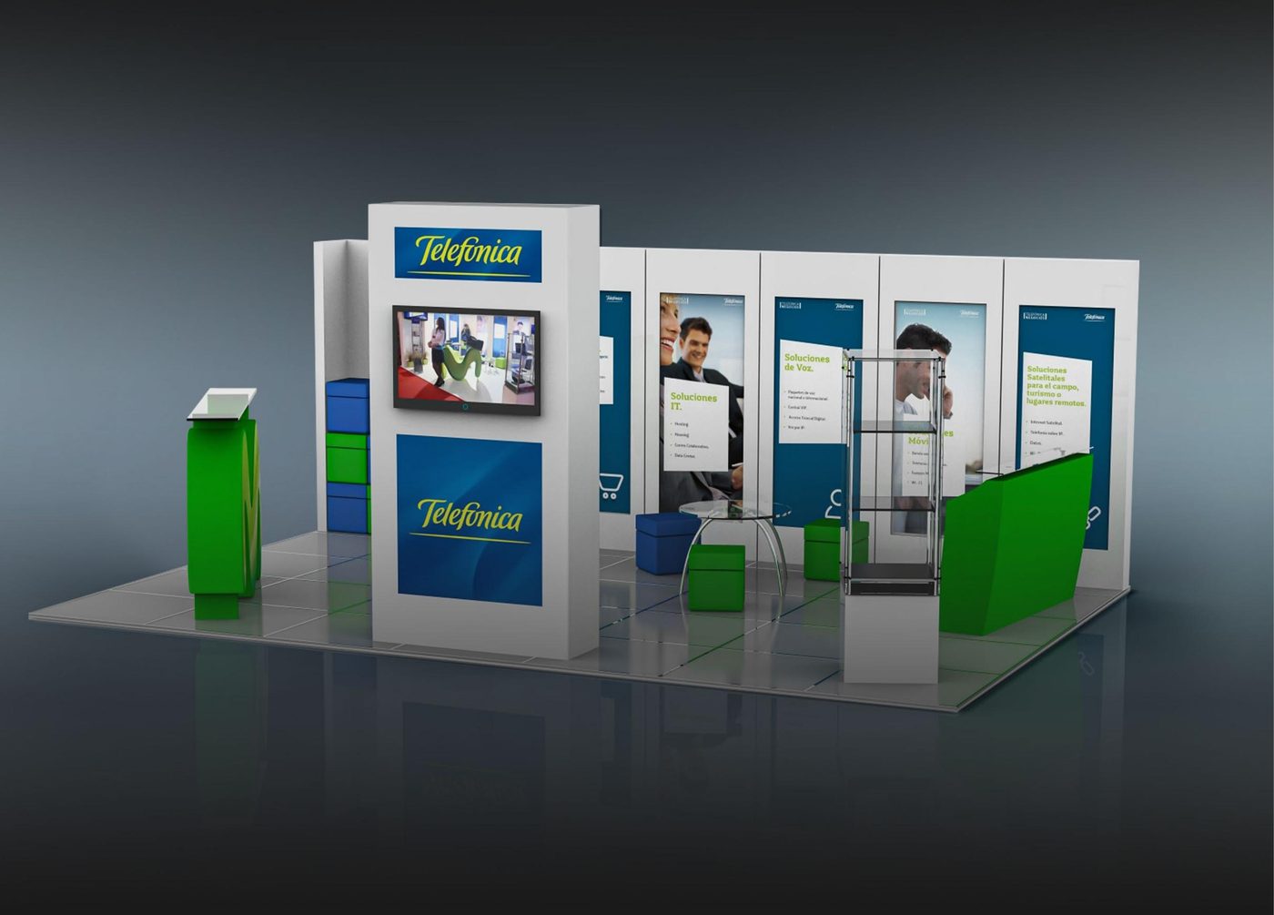 Render de stand ferial diseñado por Oban para Telefónica, con pantallas interactivas y señalética de marca