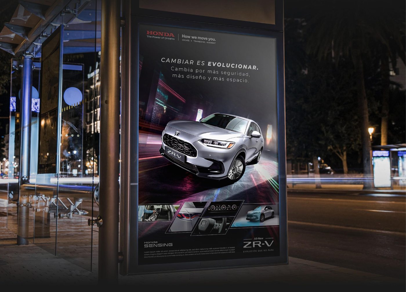 Vía pública nocturna con campaña de lanzamiento Honda ZR-V producida por Oban